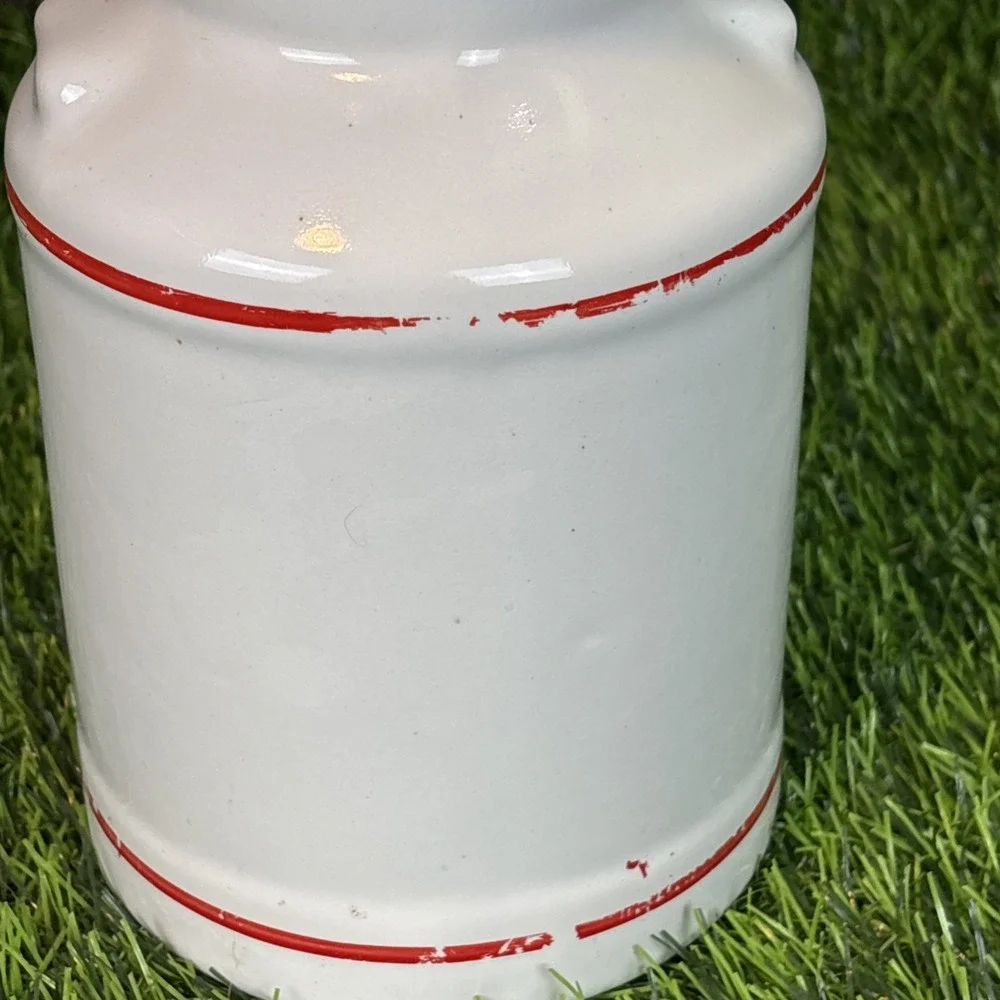 Vintage White‎ Ceramic Cream Canister Jar w Lid Red Lettering Farmhouse